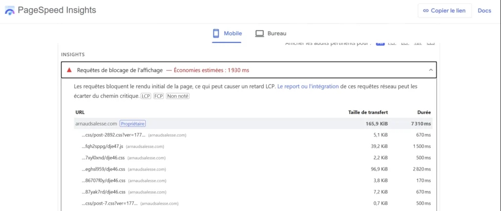 Rubrique Insights du rapport PSI indiquant les opportunités d'amélioration sur la métrique LCP