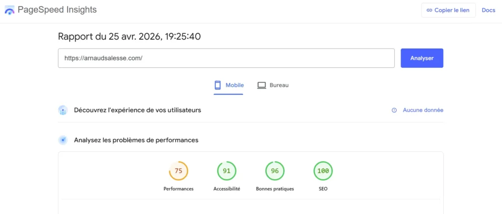 Rapport global de performances sur mobile du site arnaudsalesse.com