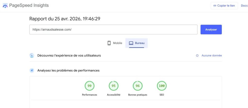 Rapport global de performances sur desktop du site arnaudsalesse.com