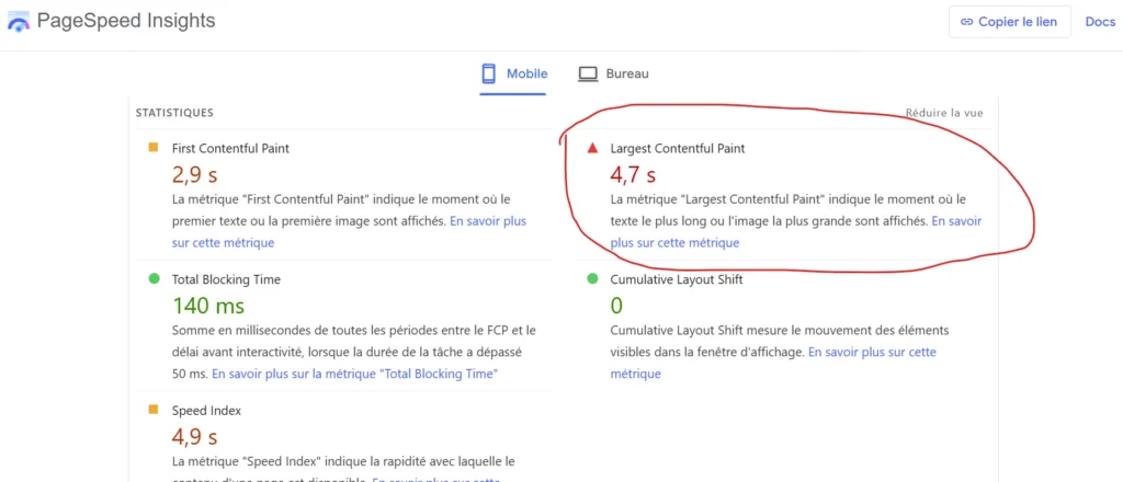 Rubrique Statistiques du rapport PSI avec les indications sur les métriques en défaut qui méritent d'être corrigées